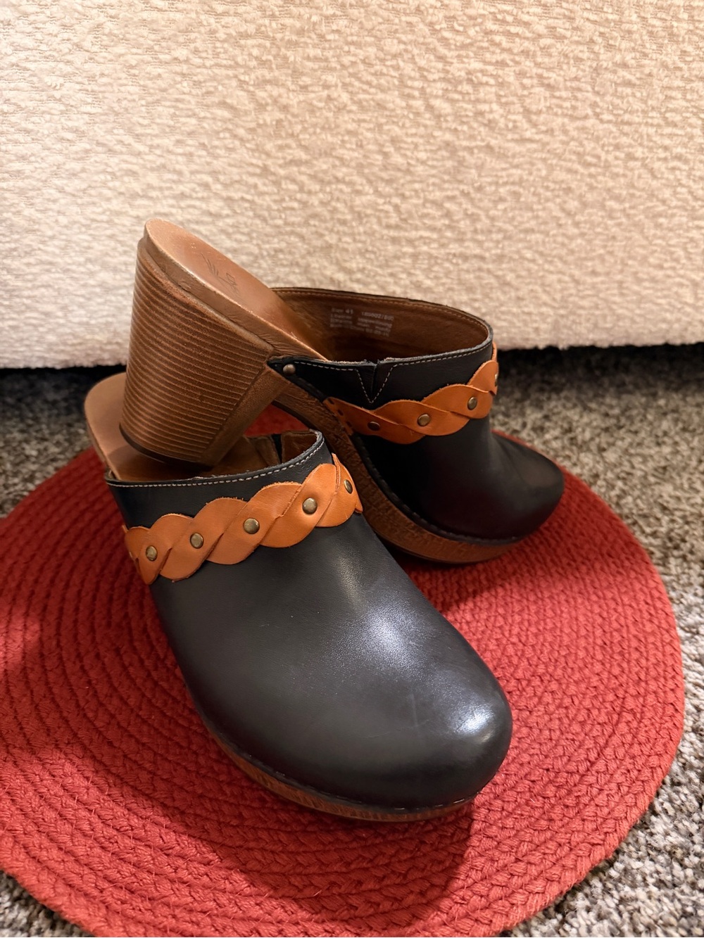 Dansko Black and Tan Braided Leather Clog Mules